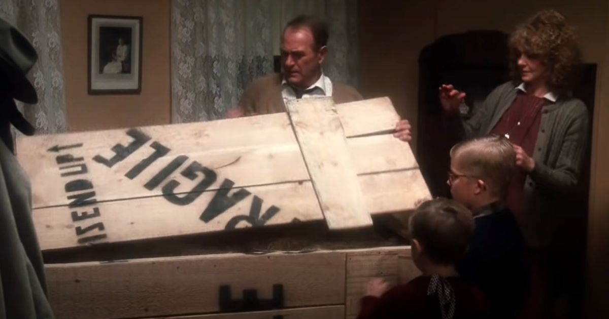 Ralphie's father opens the box containing the leg lamp in "A Christmas Story."