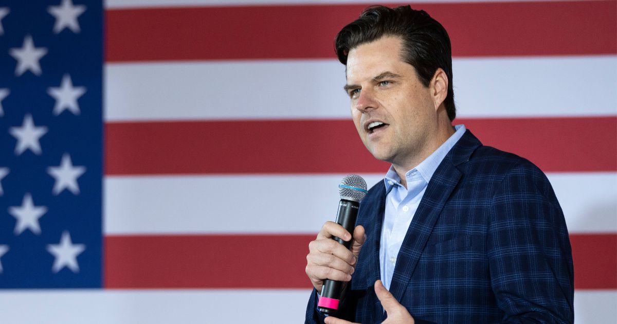 Rep. Matt Gaetz speaks during a campaign rally for J.D. Vance at The Trout Club in Newark, Ohio, on April 30.