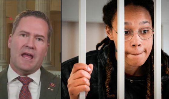 GOP Rep. Michael Waltz of Florida, left, appears on Fox News on Thursday. Brittney Griner stands in a cage in a courtroom prior to a hearing in Khimki just outside Moscow on July 26.