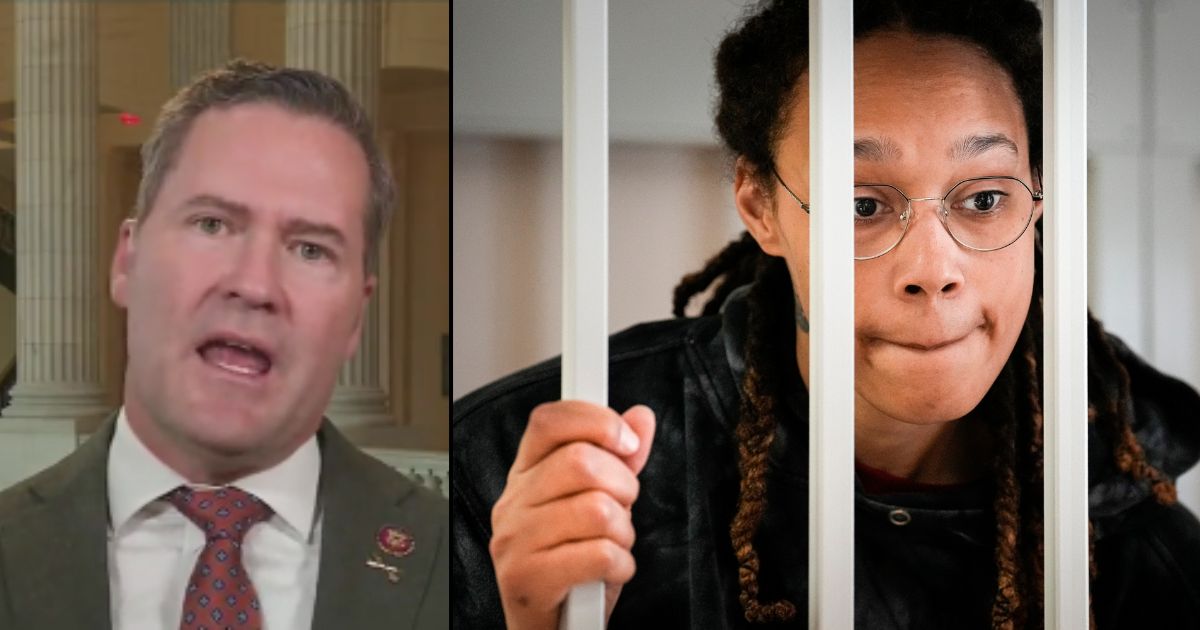 GOP Rep. Michael Waltz of Florida, left, appears on Fox News on Thursday. Brittney Griner stands in a cage in a courtroom prior to a hearing in Khimki just outside Moscow on July 26.