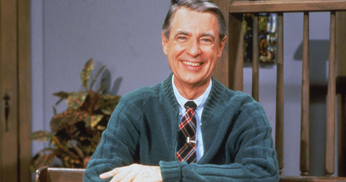 Fred Rogers poses on the set of the television series "Mister Rogers' Neighborhood" in the 1980s.