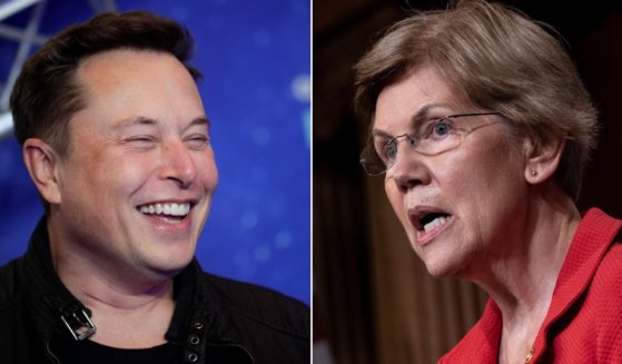 At left, SpaceX owner and Tesla CEO Elon Musk laughs as he arrives for the Axel Springer Awards ceremony in Berlin on Dec. 1, 2020. At right, Democratic Sen. Elizabeth Warren of Massachusetts speaks during a news conference at the U.S. Capitol in Washington on July 22, 2020.