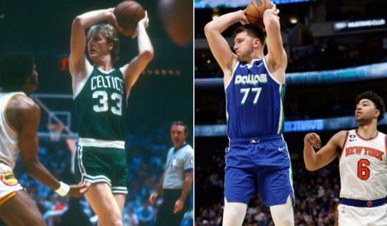 Many are comparing Luka Doncic, at right, #77 of the Dallas Mavericks to Larry Bird, at left, #33, of the Boston Celtics.