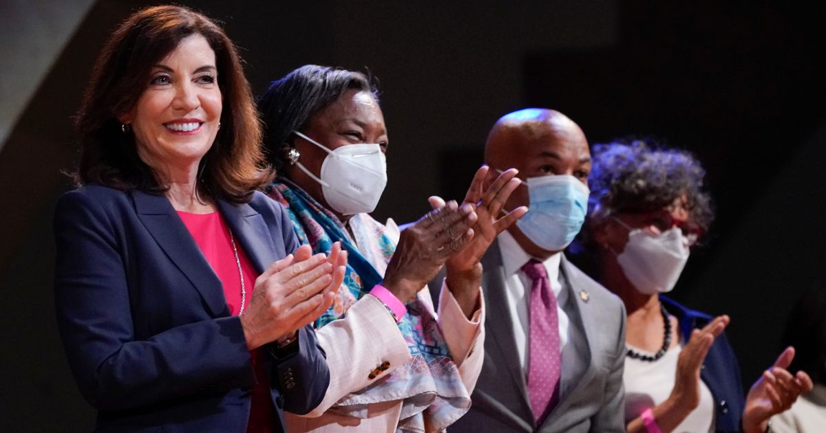 New York Gov. Kathy Hochul, left, is joined by fellow Democrats, from left, Senate Majority Leader Andrea Stewart-Cousins, Assembly Speaker Carl Heastie and Health Commissioner Mary T. Bassett during a ceremony to sign a pro-abortion legislation on June 13 in New York.