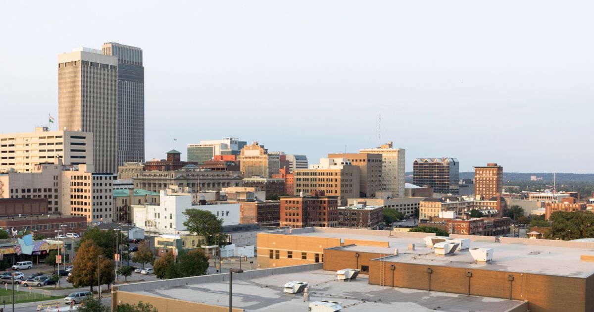 Downtown Omaha, Nebraska, is pictured before sunset.