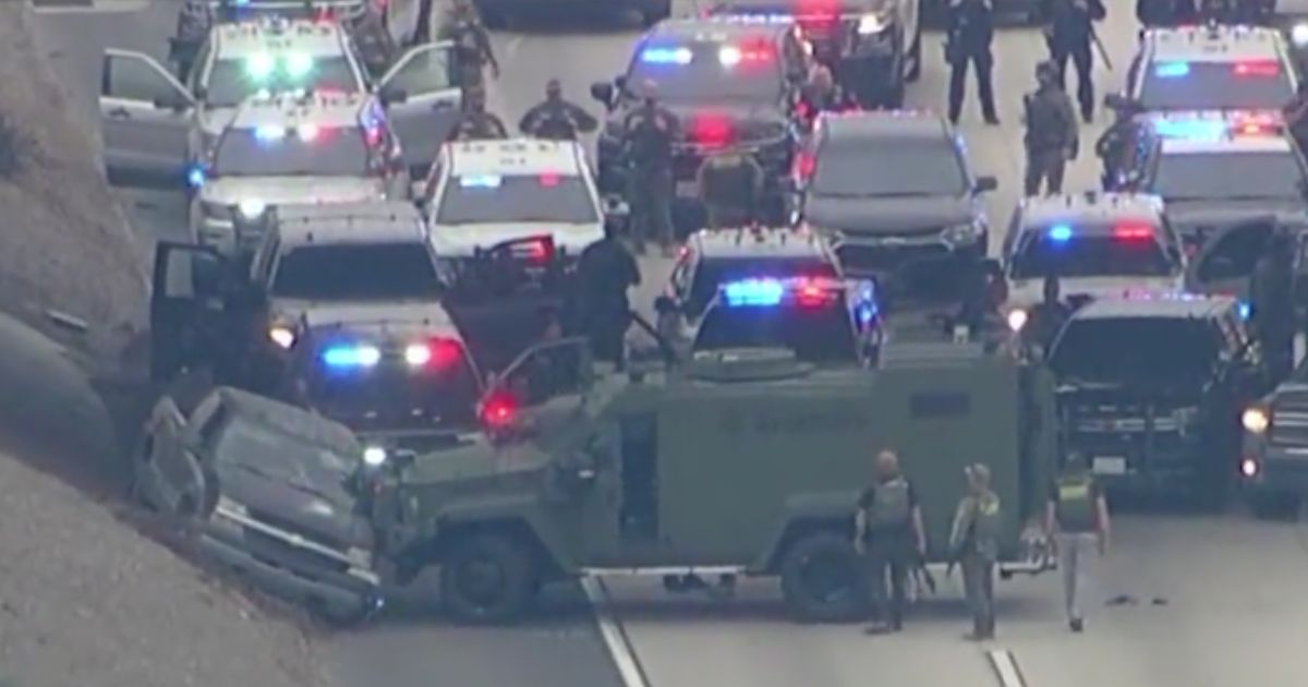 The chase went from San Bernardino County to Riverside County and involved dozens of police vehicles.