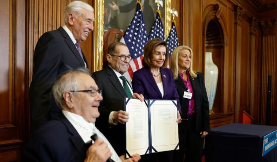 rmer Rep. Barney Frank (D-MA) poses for a photo with House Majority Leader Rep. Steny Hoyer (D-MD), Rep. Jerrold Nadler (D-NY), House Speaker Nancy Pelosi (D-CA) and Judith Kasen-Windsor, wife of Edith Windsor, following a bill enrollment ceremony for the Respect For Marriage Act on at the U.S. Capitol Building on December 8, 2022 in Washington, DC.