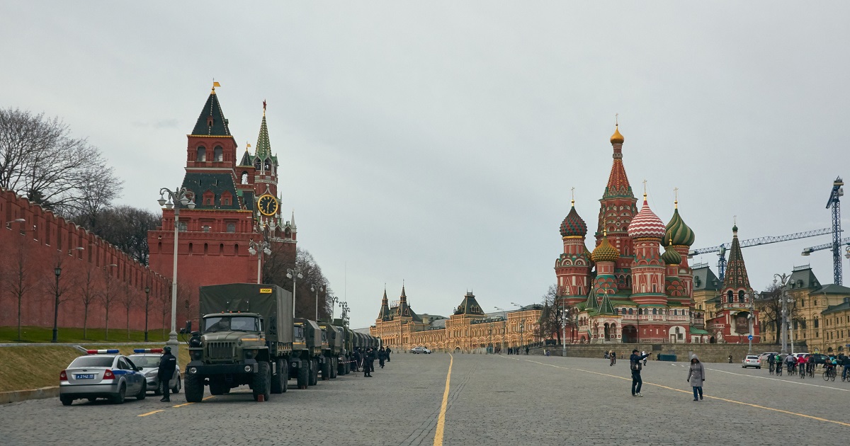 Military trucks are lined up in the Red Square.