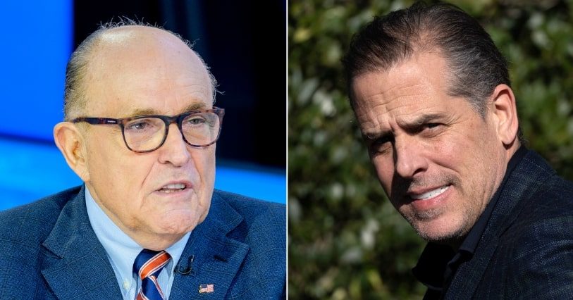 At left, Rudy Giuliani is on the set of "Mornings with Maria" at Fox Business Network Studios in New York City on Sept. 23, 2019. At right, Hunter Biden walks along the South Lawn of the White House in Washington on Nov. 21.