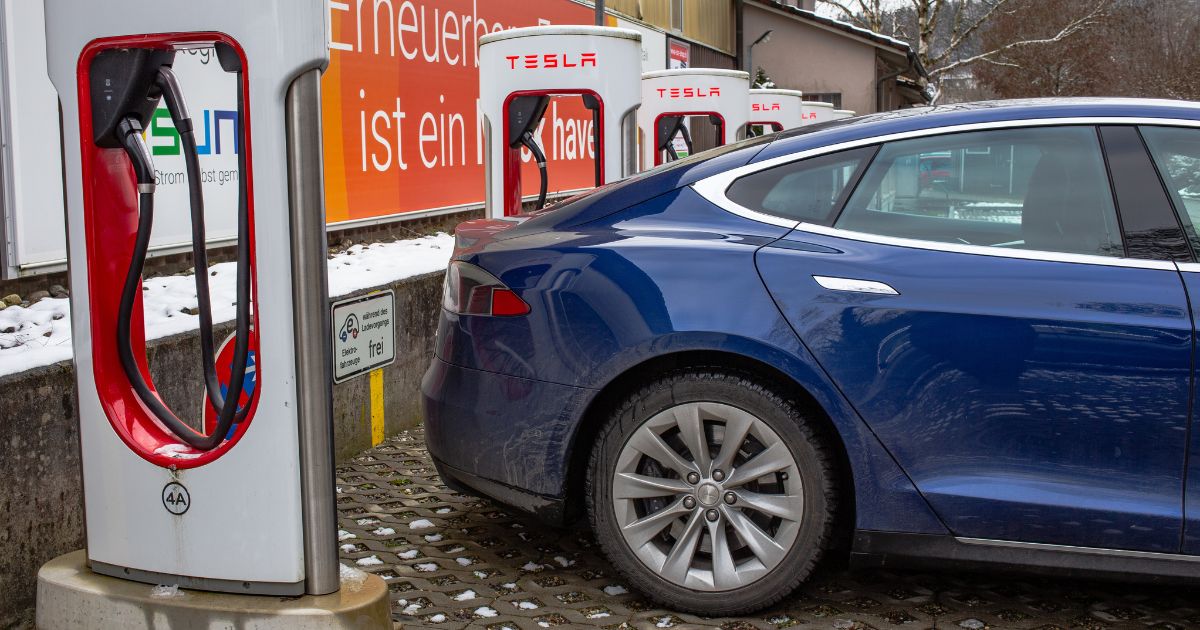 A Tesla is charged at a station in Schaffhausen, Switzerland, on Jan. 7, 2021.