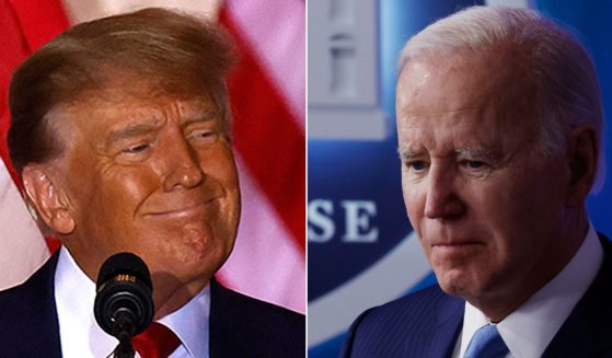 At left, former President Donald Trump speaks at the Mar-a-Lago Club in Palm Beach, Florida, on Nov. 15. At right, President Joe Biden walks on stage in the South Court Auditorium at the Eisenhower Executive Office Building in Washington on Dec. 8.