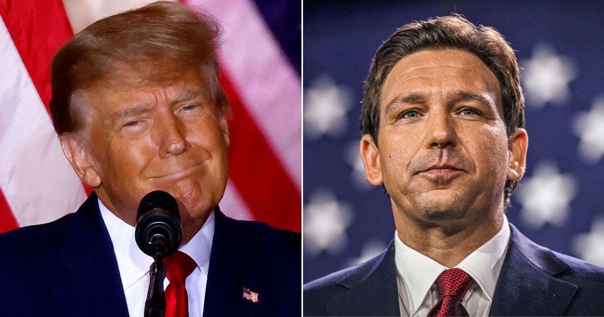 At left, former President Donald Trump speaks at the Mar-a-Lago Club in Palm Beach, Florida, on Nov. 15, when he announced he would be seeking a return to the White House in 2024. At right, Florida Gov. Ron DeSantis speaks during an election night watch party at the Convention Center in Tampa, Florida, on Nov. 8.