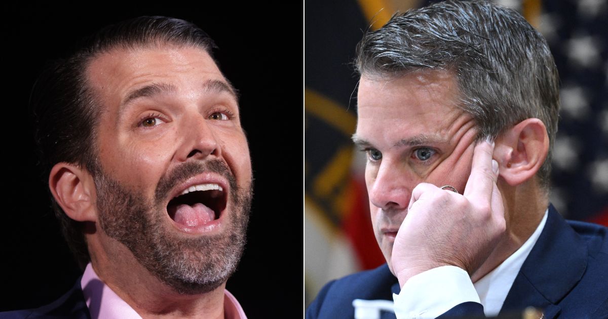 Ahead of Ukrainian President Volodymyr Zelenskyy's visit to Washington, D.C., on Wednesday, Donald Trump Jr., left, called him a "welfare queen," prompting Rep. Adam Kinzinger, right, to tweet a response that was quickly mocked online.
