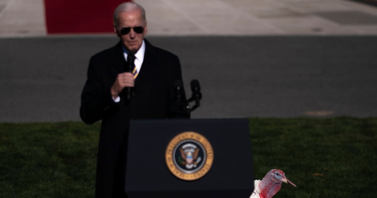 Joe Biden delivers remarks as he pardons the National Thanksgiving Turkeys Chocolate and Chip on the South Lawn of the White House November 21, 2022 in Washington, DC.