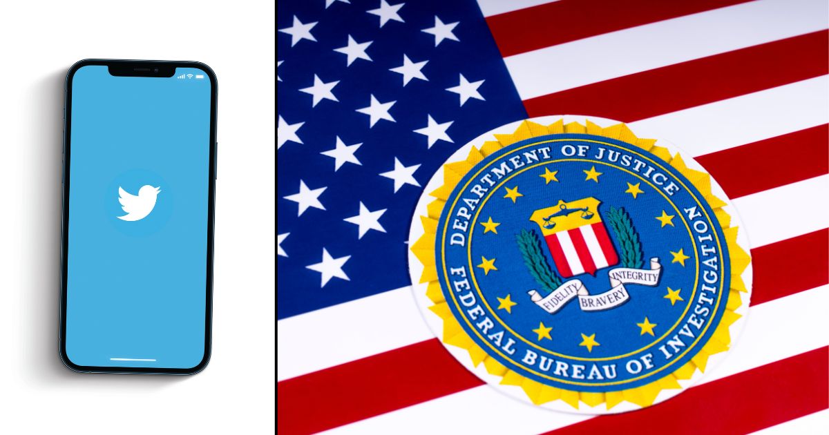 The Twitter logo is displayed on a cellphone in the stock image on the left. The FBI logo is seen in the stock image on the right.