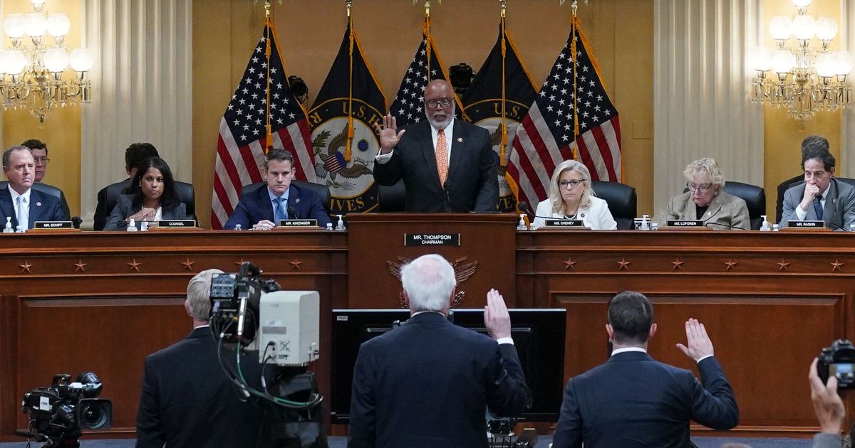 From bottom right, Steven Engel, former assistant attorney general for the Office of Legal Counsel, along with former Acting AG Jeffrey A. Rosen and former Acting Deputy AG Richard Donoghue are sworn in June 23 by U.S. Rep. and Committee Chairman Bennie Thompson during the fifth hearing by the select House committee to investigate the Jan. 6 incursion on the U.S. Capitol.