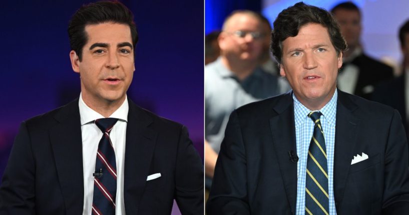 Barstool Sports star Francis Ellis was caught on a hot mic badmouthing Fox News hosts Jesse Watters, left, and Tucker Carlson, right, as well as Fox News viewers, after appearing on the network earlier in the week.