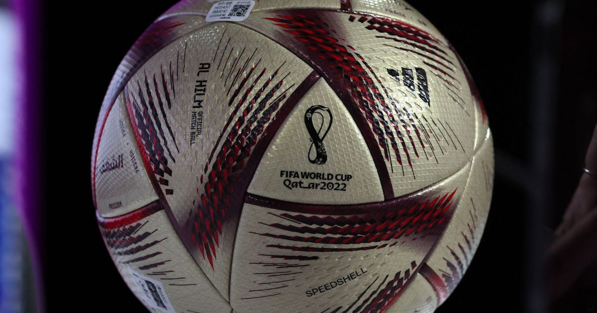 The game ball to be used in the Qatar 2022 World Cup football tournament semi-finals and the final is pictured at the Qatar National Convention Center in Doha on Monday.
