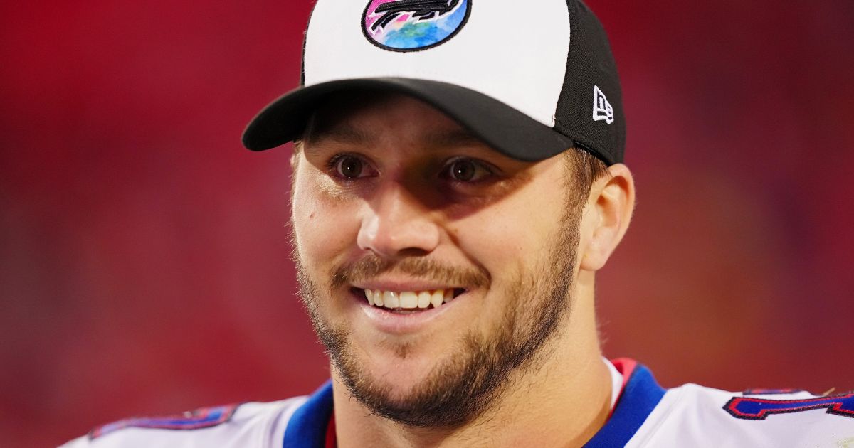 Josh Allen #17 of the Buffalo Bills reacts after defeating the Kansas City Chiefs 24-20 at Arrowhead Stadium on Oct. 16 in Kansas City, Missouri.