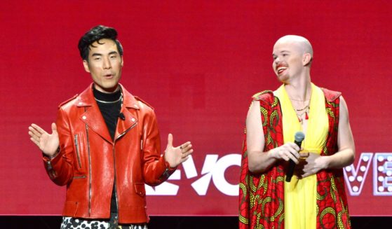Eugene Lee Yang (L) and Sam Brinton speak onstage during the Trevor Project's TrevorLIVE LA 2018 at The Beverly Hilton Hotel on December 3, 2018 in Beverly Hills, California.