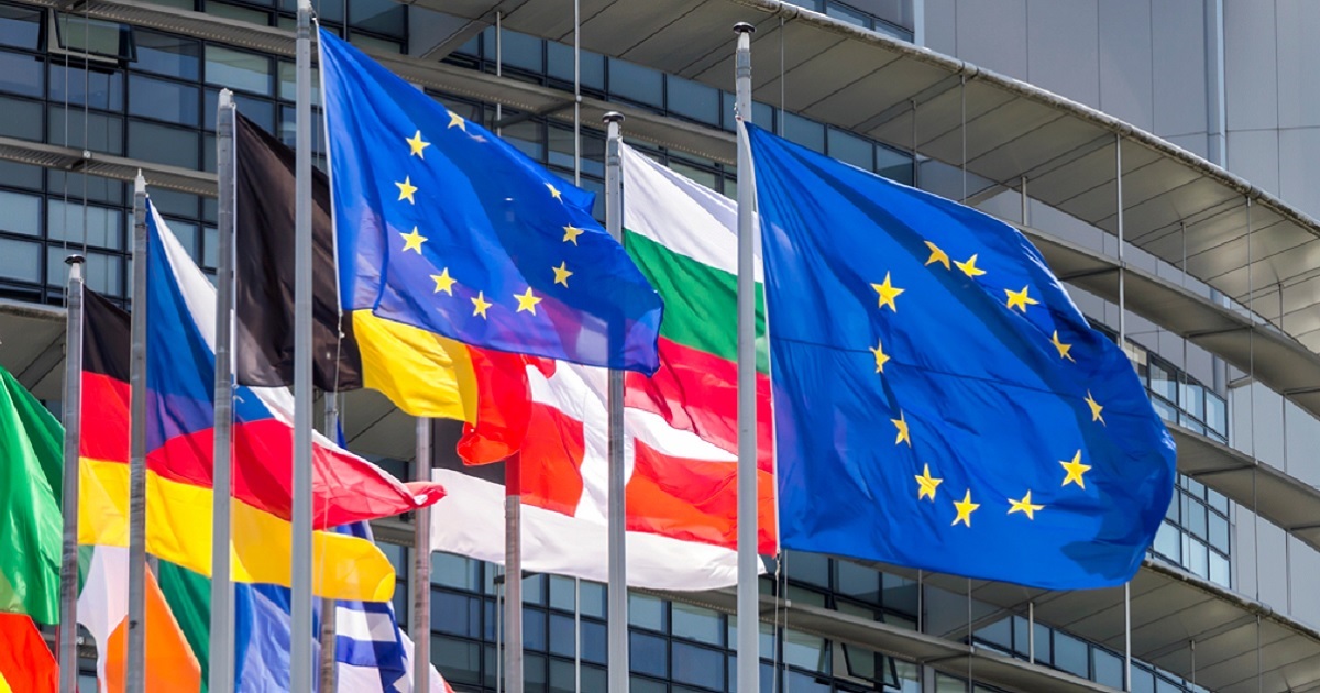Flags representing European Parliament member countries fly outside its headquarters in Strasbourg, France, in a 2019 file photo.