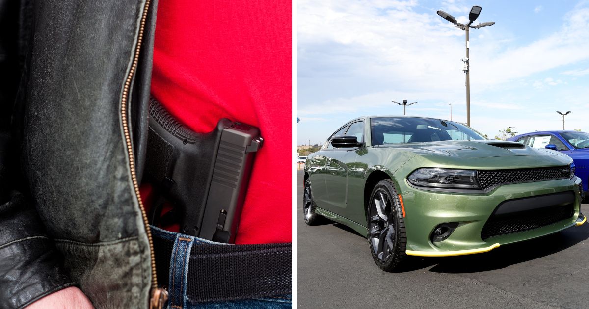 A modern, polymer (Glock), .45 caliber semiautomatic pistoltucked into a waistband (L) and Dodge Charger cars are displayed on the sales lot at Hilltop Chrysler Jeep Dodge Ram on August 17, 2022 in Richmond, California.