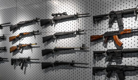 This stock photo shows a collection of rifles and carbines hanging on special mounts on the wall.