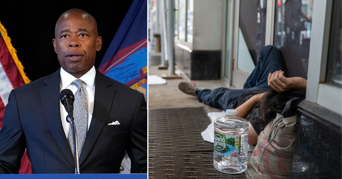 New York City Mayor Eric Adams, left, speaks at a news conference on Aug. 24 in New York City. A homeless man sleeps on a Manhattan street on July 22 in New York City.
