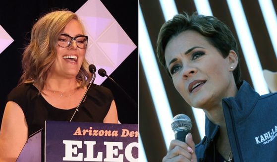 On the left, AZ Democratic Gubernatorial Candidate Katie Hobbs speaks to supporters at an election night watch party on Nov. 8 in Phoenix. Republican Gubernatorial candidate Kari Lake, right, holds a press conference at the U.S.-Mexico border on Nov. 4 in Sierra Vista, Arizona.