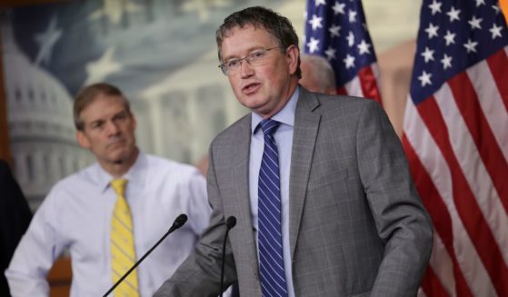 Rep. Thomas Massie (R-KY), joined by Rep. Jim Jordan (R-OH), speaks at a House Second Amendment Caucus press conference at the U.S. Capitol on June 8 in Washington, D.C.