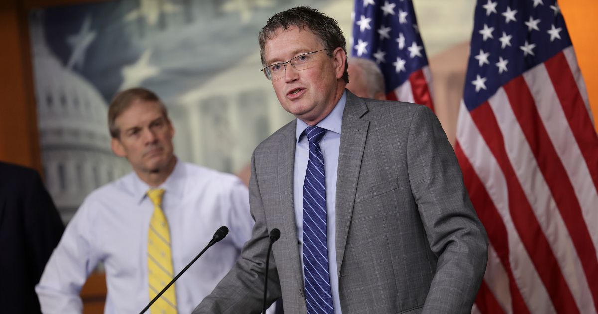 Rep. Thomas Massie (R-KY), joined by Rep. Jim Jordan (R-OH), speaks at a House Second Amendment Caucus press conference at the U.S. Capitol on June 8 in Washington, D.C.