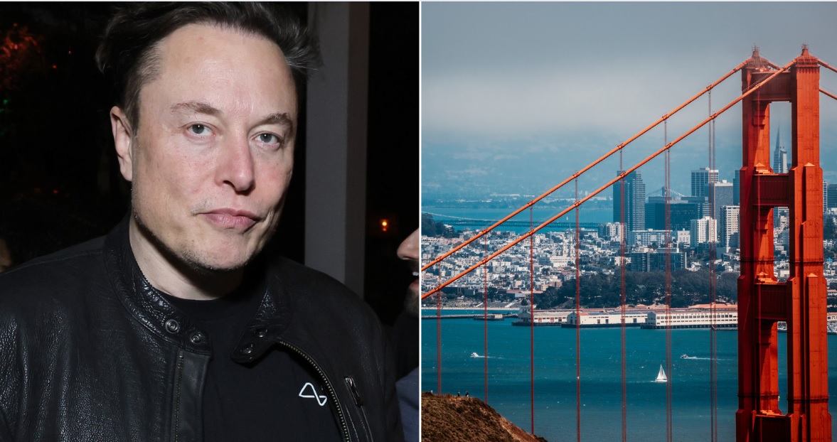 Elon Musk, left; San Francisco skyline, right.