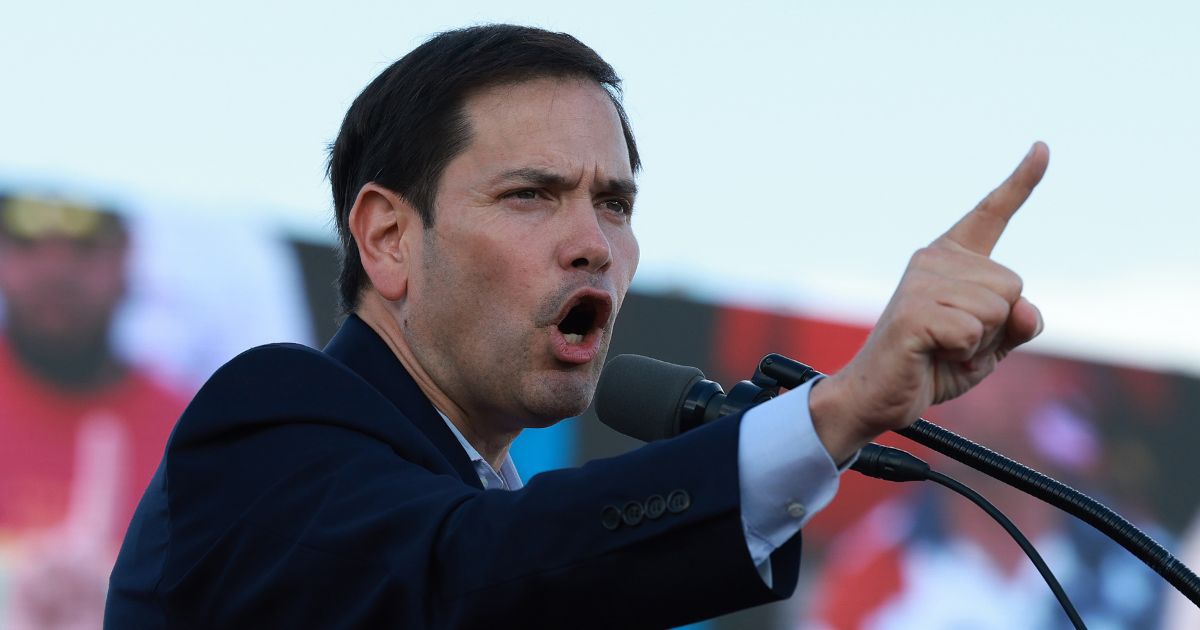 Republican Sen. Marco Rubio of Florida speaks during a rally before the arrival of former President Donald Trump at the Miami-Dade Country Fair and Exposition in Miami on Nov. 6.