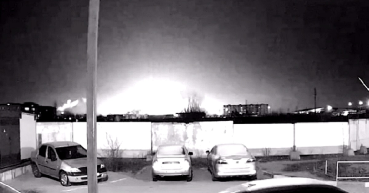 A still from a video showing a distant view of an explosion at a Russian airbase on Monday.