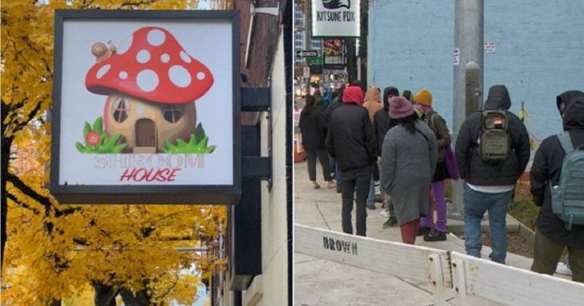 The Shroom House sign, left; a line of customers, right.