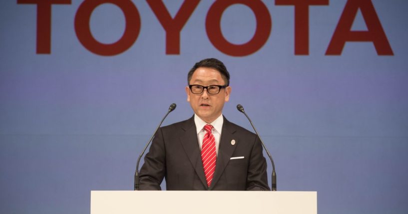 President and CEO of Toyota Motor Corporation, Akio Toyoda speaks to the media during a news conference at the Imperial Hotel on March 13, 2015, in Tokyo.