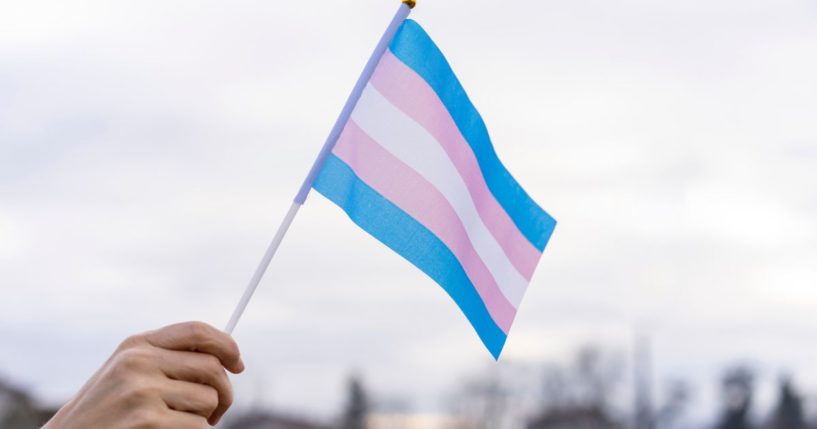 A man holds a transgender flag in this stock image.