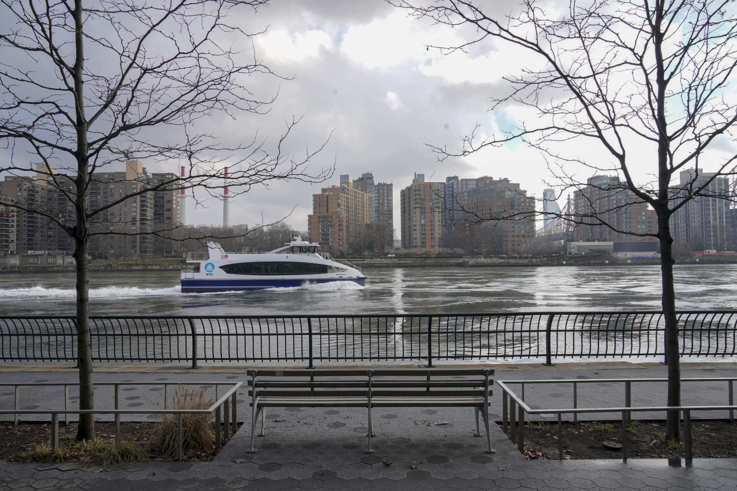 A commuter ferry travels down the East River on the Upper East Side of the Manhattan borough of New York City on Jan. 6. Woolly mammoth bones allegedly were dumped in the river in the 1940s.
