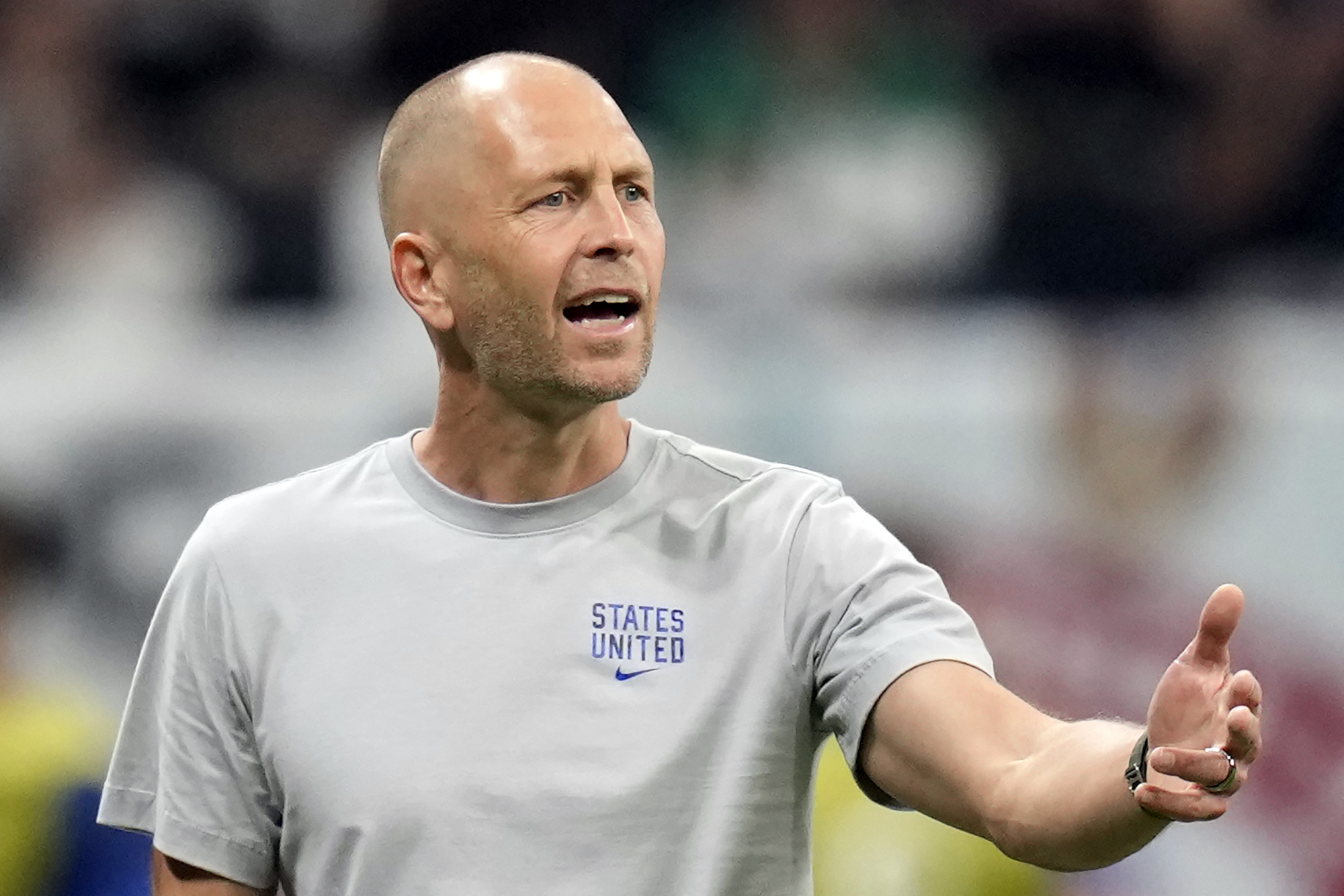 U.S. men's nation team soccer coach Gregg Berhalter coaches during the World Cup game between England and the U.S. in Al Khor, Qatar, on Nov. 25.