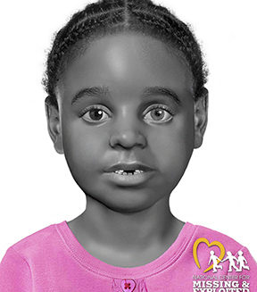 This image shows a facial reconstruction of "Baby Jane Doe" created by a forensic artist at the National Center for Missing & Exploited Children. The remains of the child were found in a trailer park in Opelika, Alabama, in 2012.