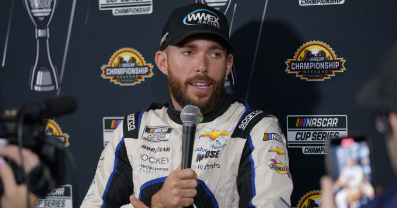 NASCAR Cup Series driver Ross Chastain speaking at a news conference