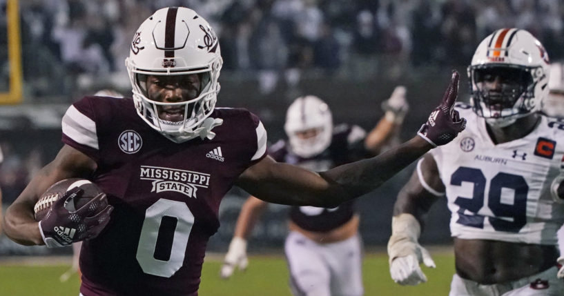 Then-Mississippi State wide receiver Rara Thomas gestures after catching a pass for a touchdown against Auburn during a game in Starkville, Mississippi, on Nov. 5.