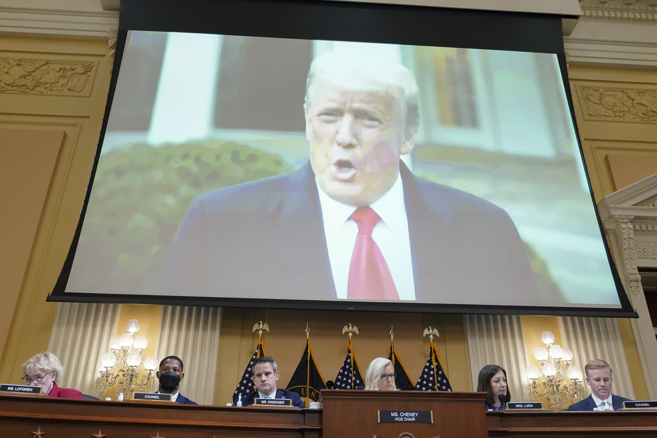 A video of former President Donald Trump speaking on Jan. 6, 2021, plays as the House select committee investigating the Jan. 6 incursion on the U.S. Capitol holds a hearing at the Capitol in Washington, D.C., on July 21.