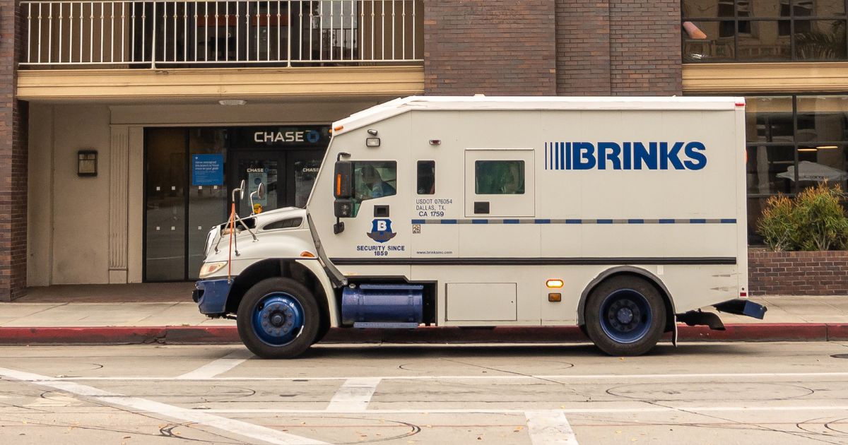 A stock photo shows an armored Brink's truck in front of a Chase Bank building in Pasadena, California, on May 11, 2021.