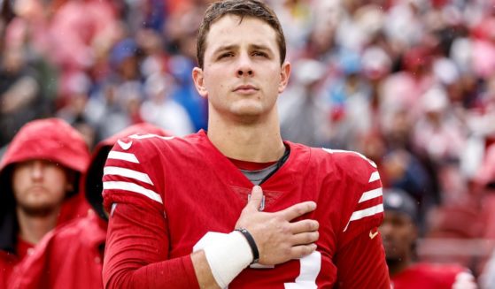 San Fransico 49ers quarterback Brock Purdy stands during the national anthem before a game against the Seattle Seahawks in Santa Clara, California, on Jan. 14.
