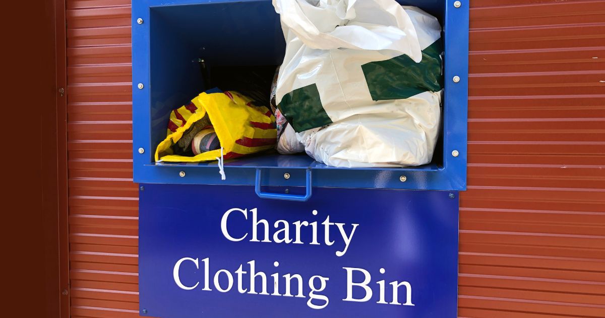 A clothing donation bin for a charity is pictured in this stock photo.