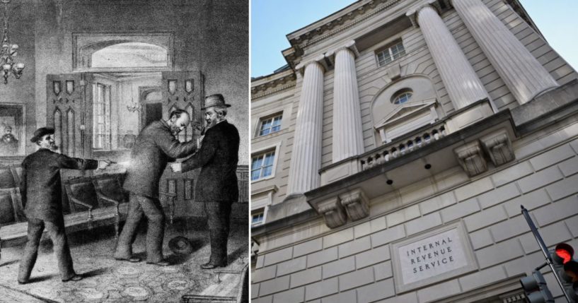 Charles Guiteau shoots President James Garfield in Washington, D.C., on July 2, 1881. The IRS headquarters building is seen in Washington, D.C., on Jan. 10.