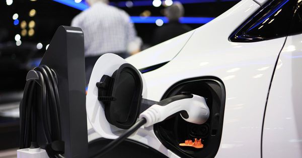 A Chevy Bolt EV charges at the New York International Auto Show in New York City on April 15, 2022.