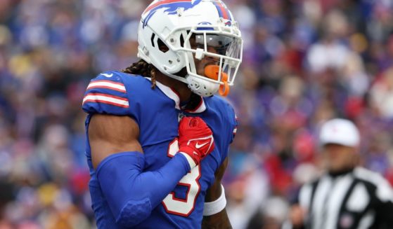 Damar Hamlin of the Buffalo Bills reacts during the first quarter of a game against the Minnesota Vikings at Highmark Stadium on Nov. 13, 2022, in Orchard Park, New York.