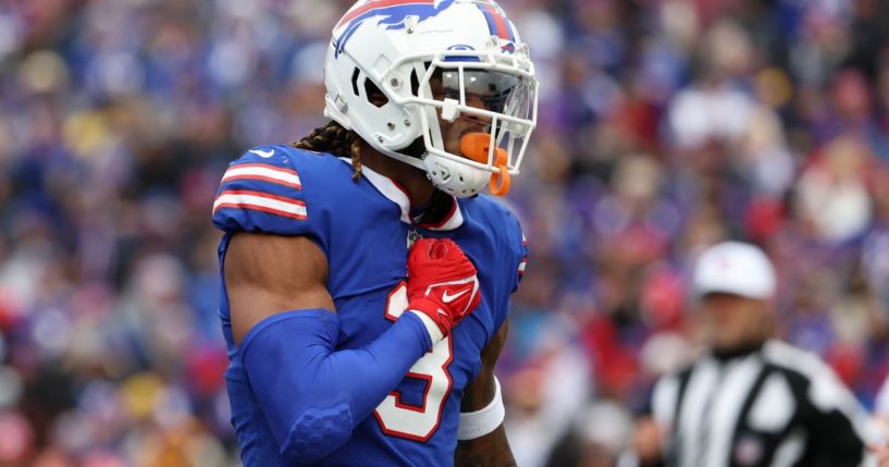 Damar Hamlin of the Buffalo Bills reacts during the first quarter of a game against the Minnesota Vikings at Highmark Stadium on Nov. 13, 2022, in Orchard Park, New York.